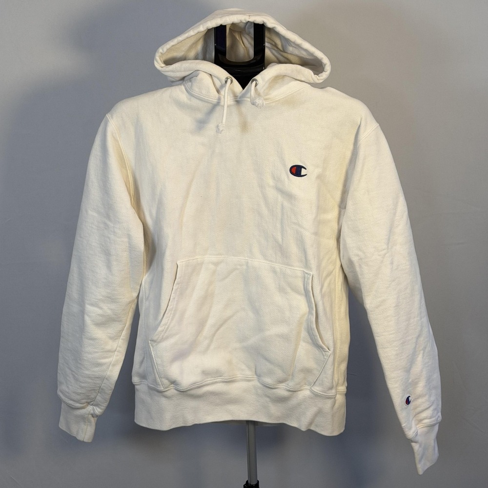 Champion Reverse Weave Hoodie Mens Medium White Good Pullover Fleece Logo